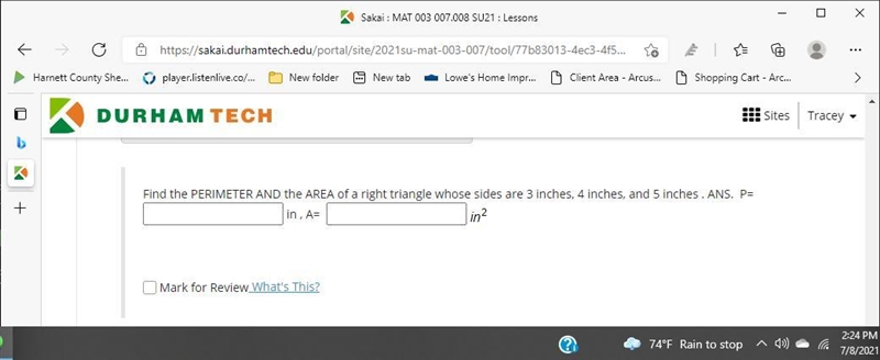 Find the PERIMETER AND the AREA of a right triangle whose sides are 3 inches, 4 inches-example-1