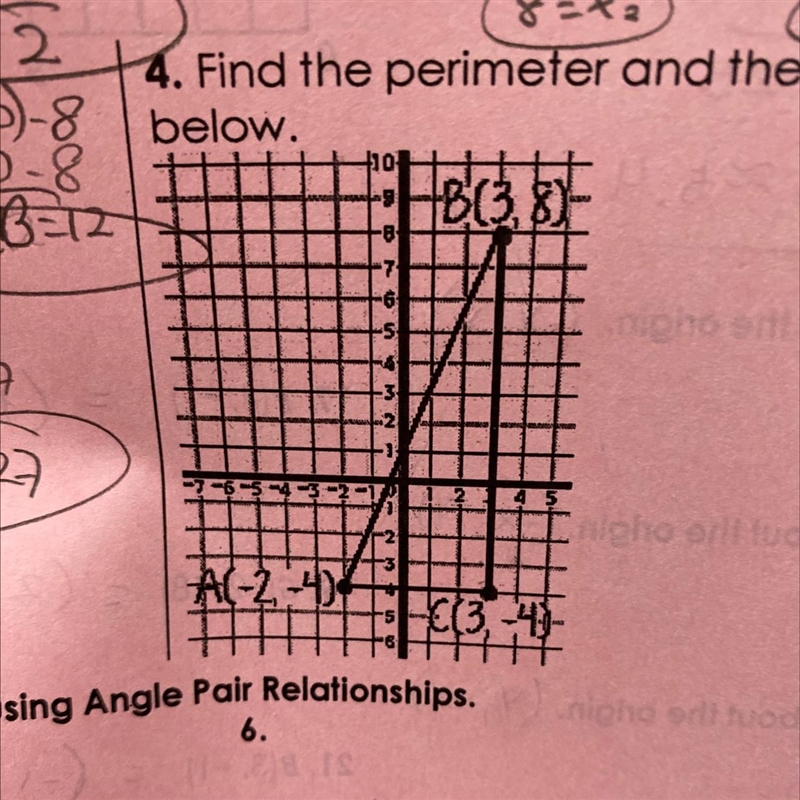 4. Find the perimeter and the area of the triangle in the graphbelow.-example-1