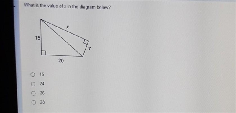 What is the value of x in the diagram below? х 15 7 20 0 15 0 24 26 0 28-example-1