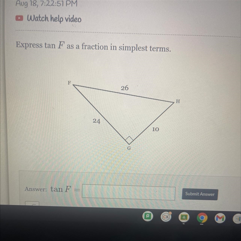 Express tan F as a fraction in simplest terms-example-1