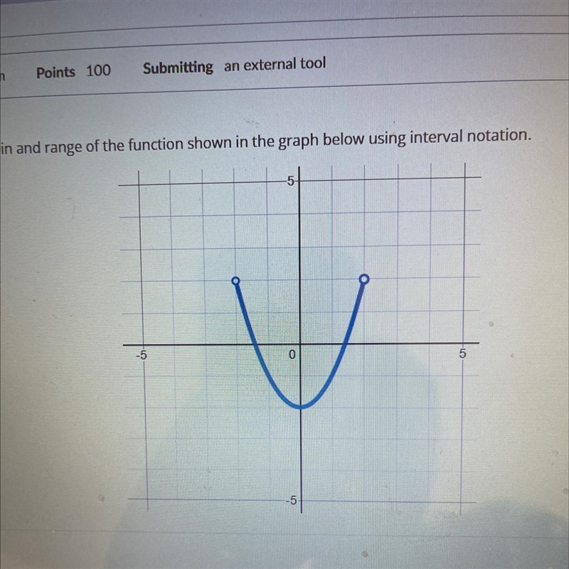 Identify the domain and range of the function shown below in the graph using interval-example-1