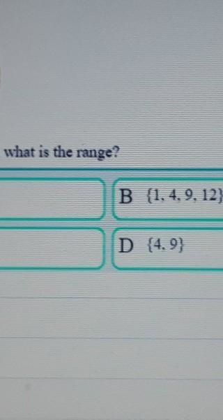 A B 2 1 4 3 9 4 12 For the function illustrated above, what is the range? A {1. 2. 3. 4. 9. 12} B-example-1