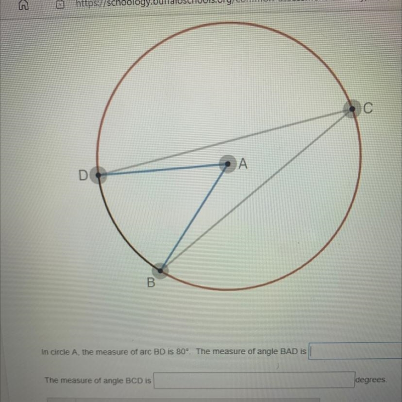 In a circle a the measure of arc 80degree. the measure of angle bad is-example-1