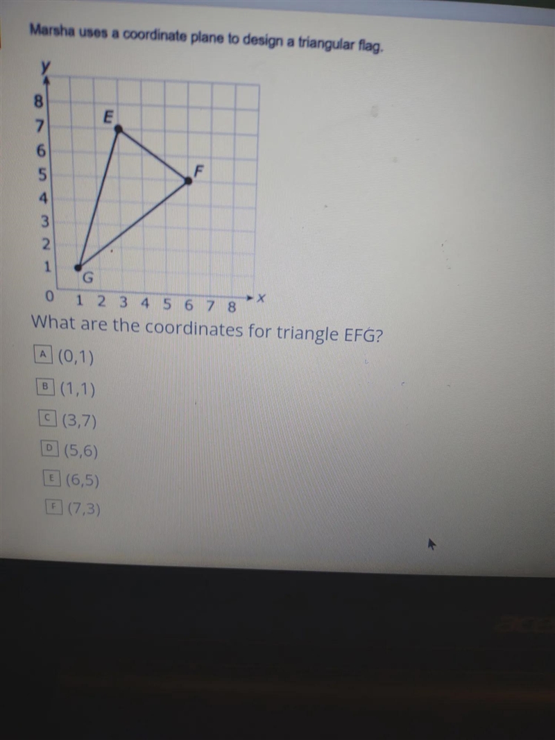 Marsha uses a coordinate plane to design a triangular flag у 8 E 7. 6 5 4 3 2 1 G-example-1