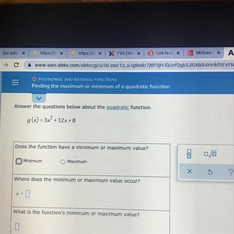 Answer the questions below about the quadratic function.g(x) = 3x² + 12x+8Does the-example-1