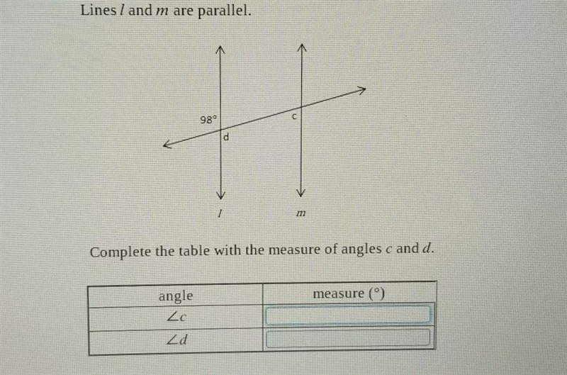 Complete the table with the measure of angles c and d-example-1