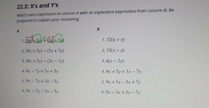 22.2: X's Y'S Match each expression in column A with an equivalent expression from-example-1