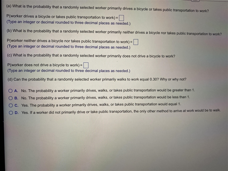 The probability that a randomly selected worker primarily drives a bicycle to work-example-1