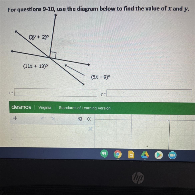 For questions 9-10, use the diagram below to find the value of x and y.(3y + 2)°(11x-example-1