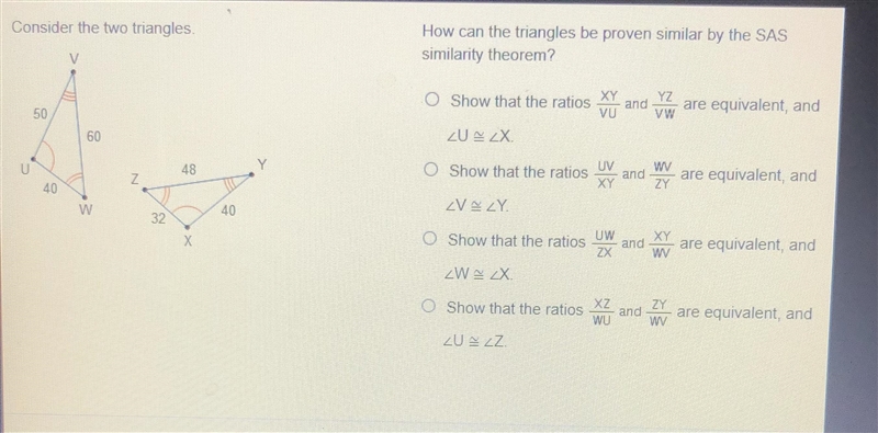 How can triangles be proven similar by the SAS similarity theorem?-example-1