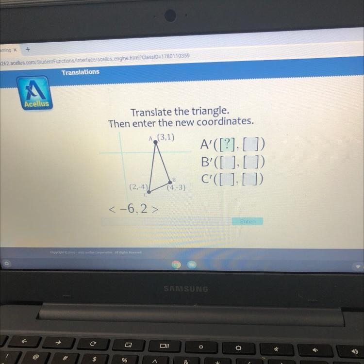 usTranslate the triangle.Then enter the new coordinates.A.(3,1)A'([?], []).B'([],[]).C-example-1