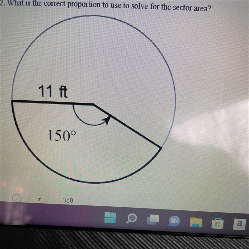 I need to know what the correct proportion to use to solve for the sector area?-example-1