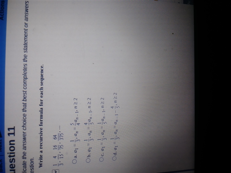 Write a recursive formula for each sequence. 1 4 16 64 3. Ts. 75.375 Oa. a = 5,0 = -1,722 Ob-example-1