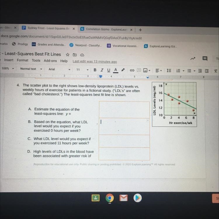 Based on the equation, what LDLlevel would you expect if youexercised 0 hours per-example-1