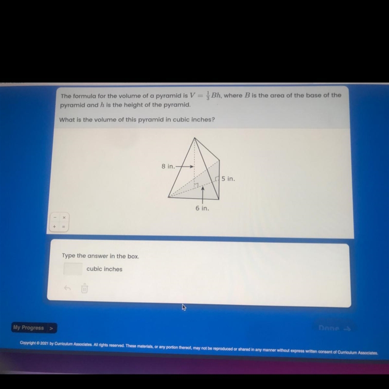 The formula for the volume of a pyramid is V = {Bh, where B is the area of the base-example-1