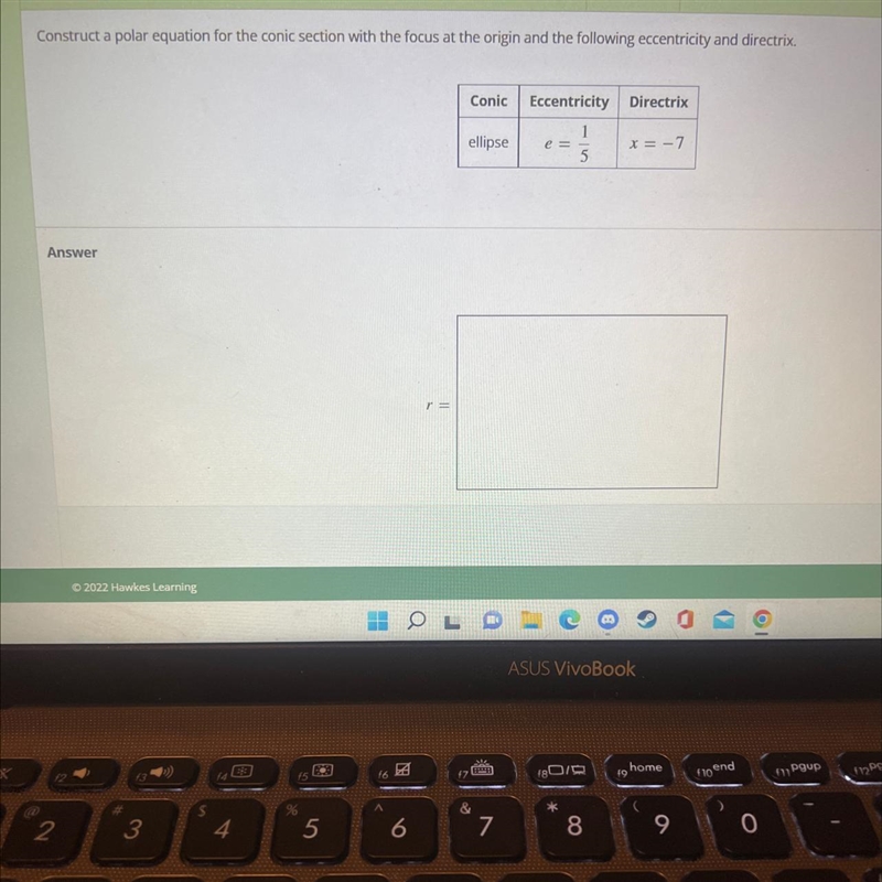 Construct a polar equation for the conic section with the focus at the origin and-example-1