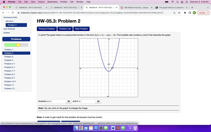 The graph below is a polynomial function in the form f(x)=(x−a)(x−b). Find suitable-example-1