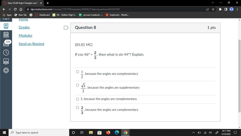 If cos 46° = two thirds, then what is sin 44°? Explain.-example-1