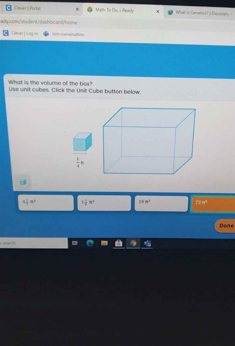 What is the volume of the box? Use unit cubes Click the Unit Cube button below.4½ ft-example-1