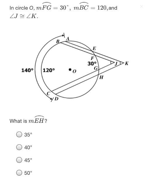 In circle o, mFG = 30°, mBC120, and ZJ SZK.ABEF300GDK140°120°0HсYDWhat is mEH?35°40°45°50°-example-1