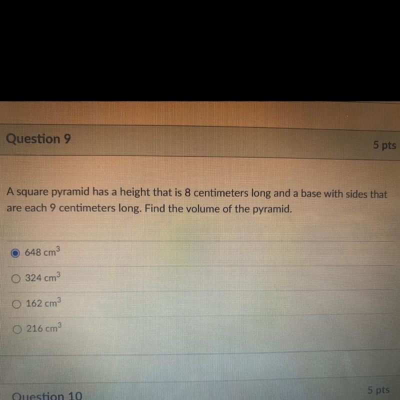 A square pyramid has a height that is 8 centimeters long and a base with sides thatare-example-1