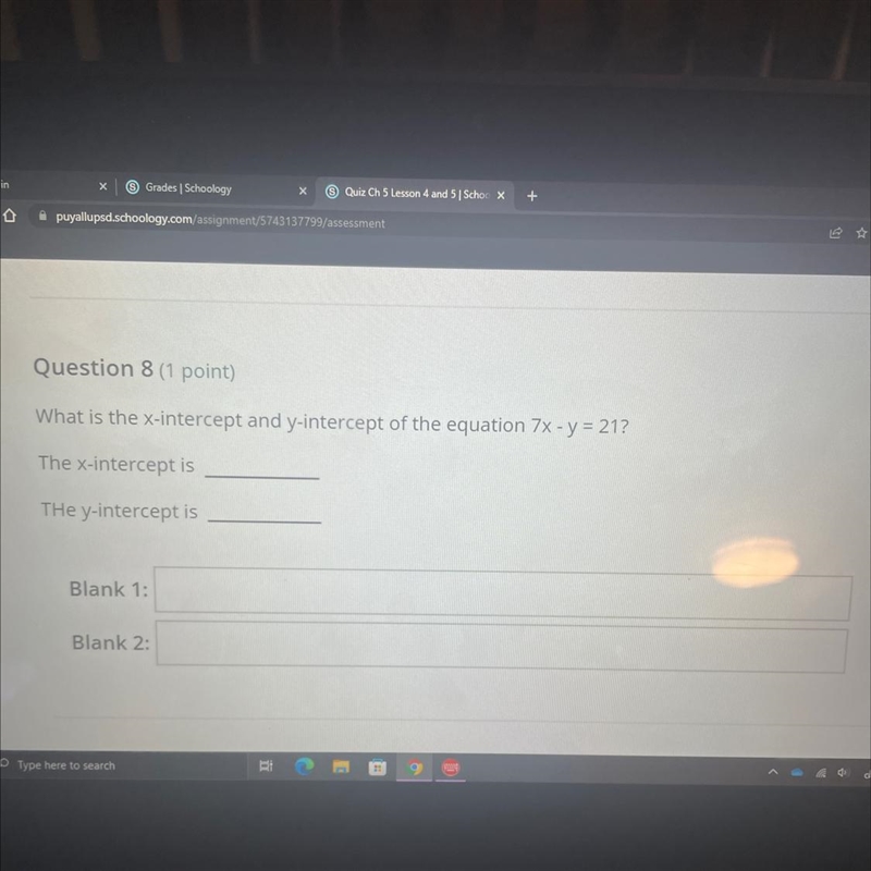 What is the x-intercept and y-intercept of the equation 7x -y = 21? Fill in blank-example-1