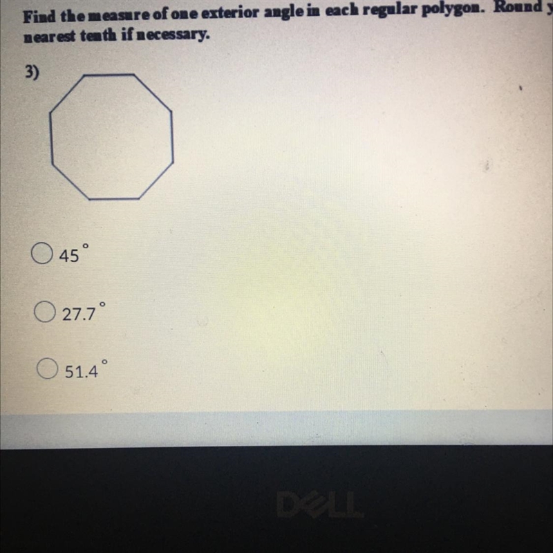 Find the measure of one exterior angle in each regular polygon. Round your answer-example-1