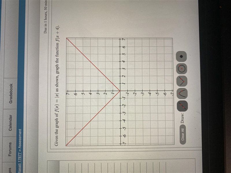 Given the graph of f(x)=|x| as shown, Graph the function f(x+4)-example-1