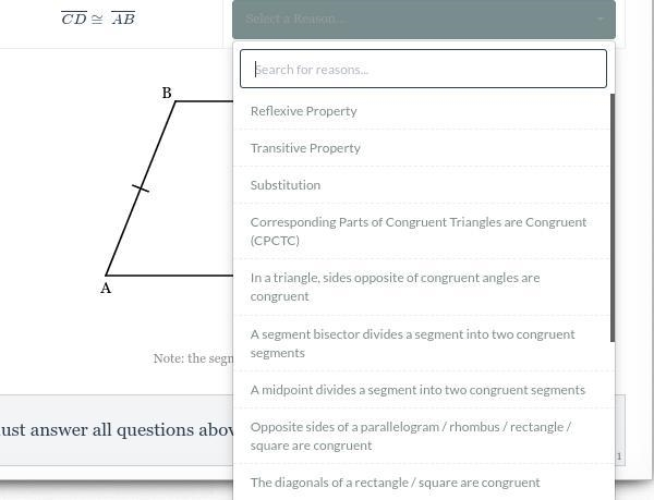 Choose the correct reason for the given statementsStatements:2. CD≅ AB3. CD≅ CE4. ∠E-example-2