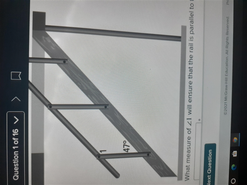 Question 1 of 16 V 1 47° What measure of Z1 will ensure that the rail is parallel-example-1