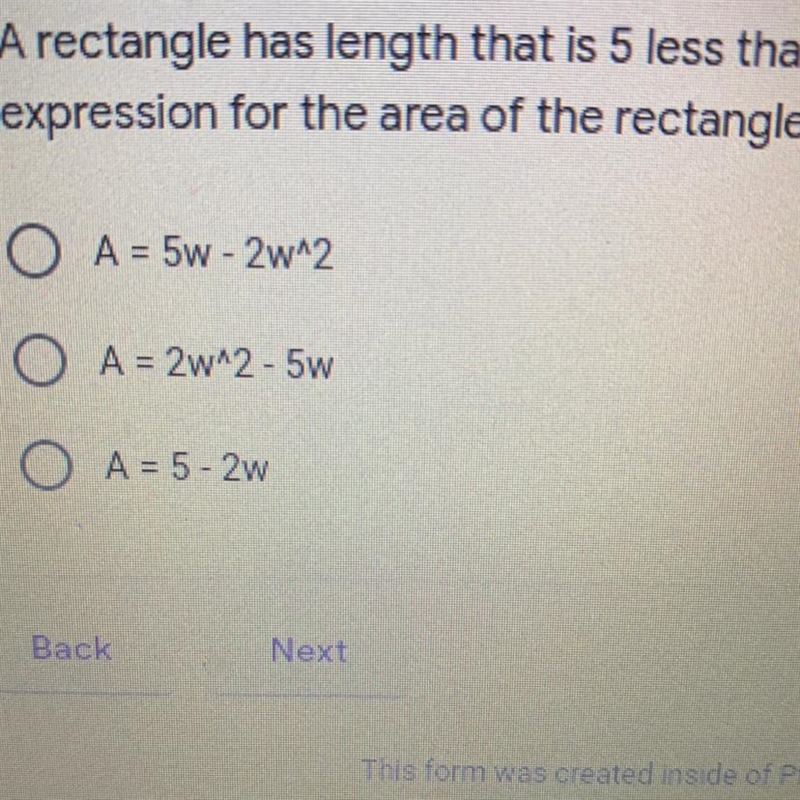 A rectangle has length that is 5 less than 2 times the width. Write an expression-example-1