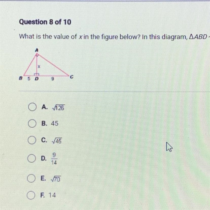 What is the value of x in the figure below? In this diagram, AABD - ACAD.АXB5 D9CA-example-1