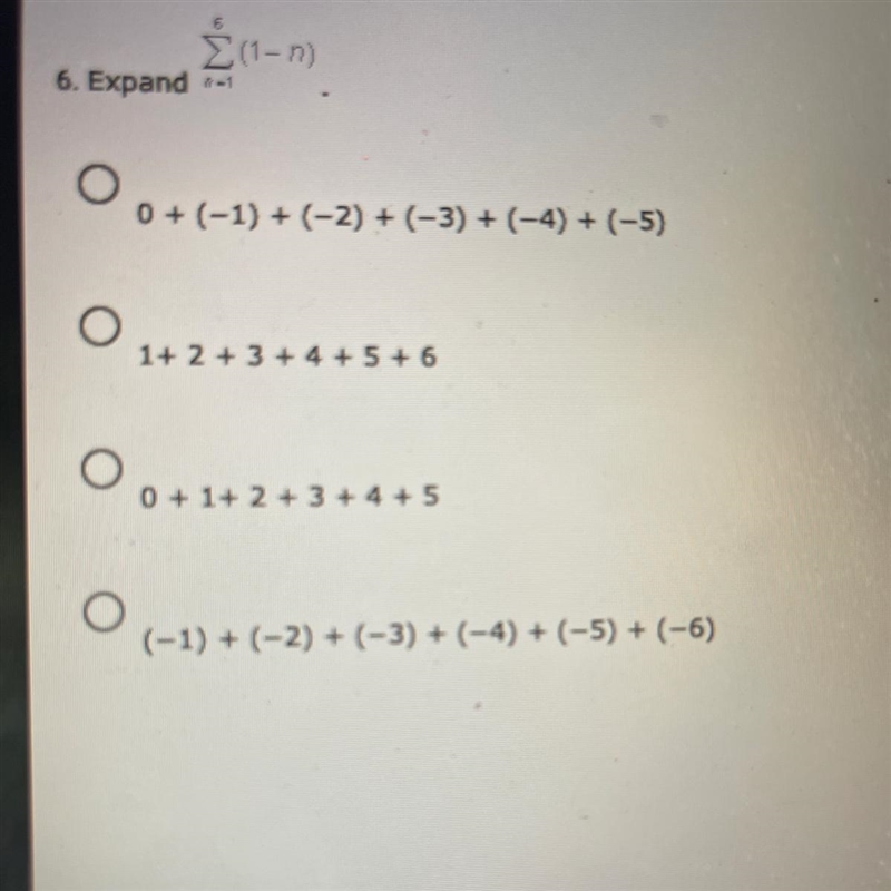 alochΣ(1-1)6. Expand0 + (-1) + (-2) + (-3) + (-4) + (-5)1+ 2 + 3 + 4 + 5 + 60 + 1+ 2 + 3 + 4 + 5(-1) + (-2) + (-3) + (-4) + (-5) + (-6)-example-1