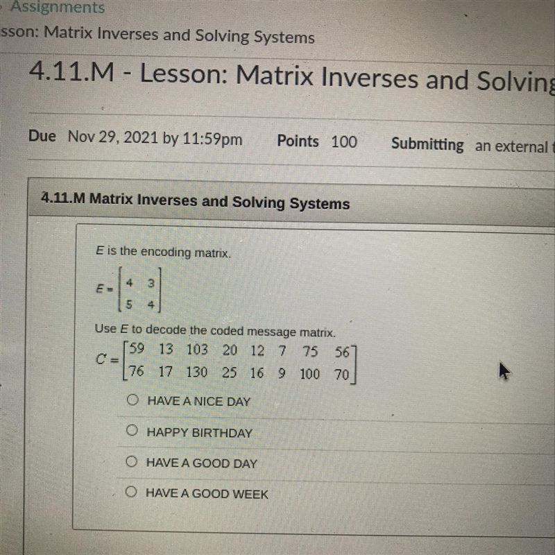 Use E to decode the coded message matrix-example-1