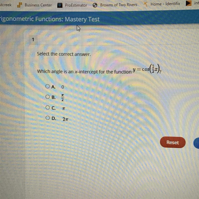 Select the correct answer.Which angle is an x-intercept for the function Y=coscos-example-1