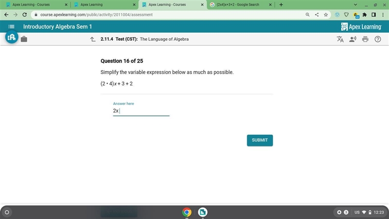 Simplify the variable expression below as much as possible (2x4)x+3+2-example-1