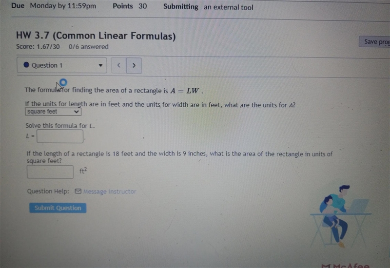 the formula for finding the area of a rectangle is A=LWSolve this formula for LL=______if-example-1