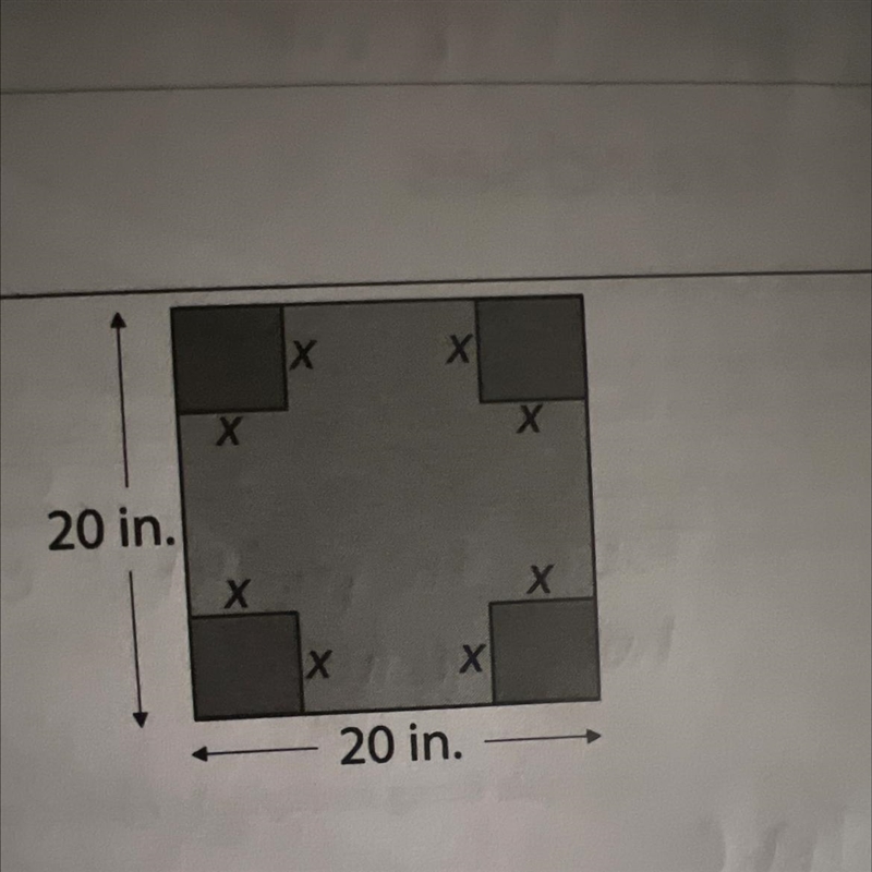 A square is 20 inches on each side.A square x inches on each side is cut from eachcorner-example-1