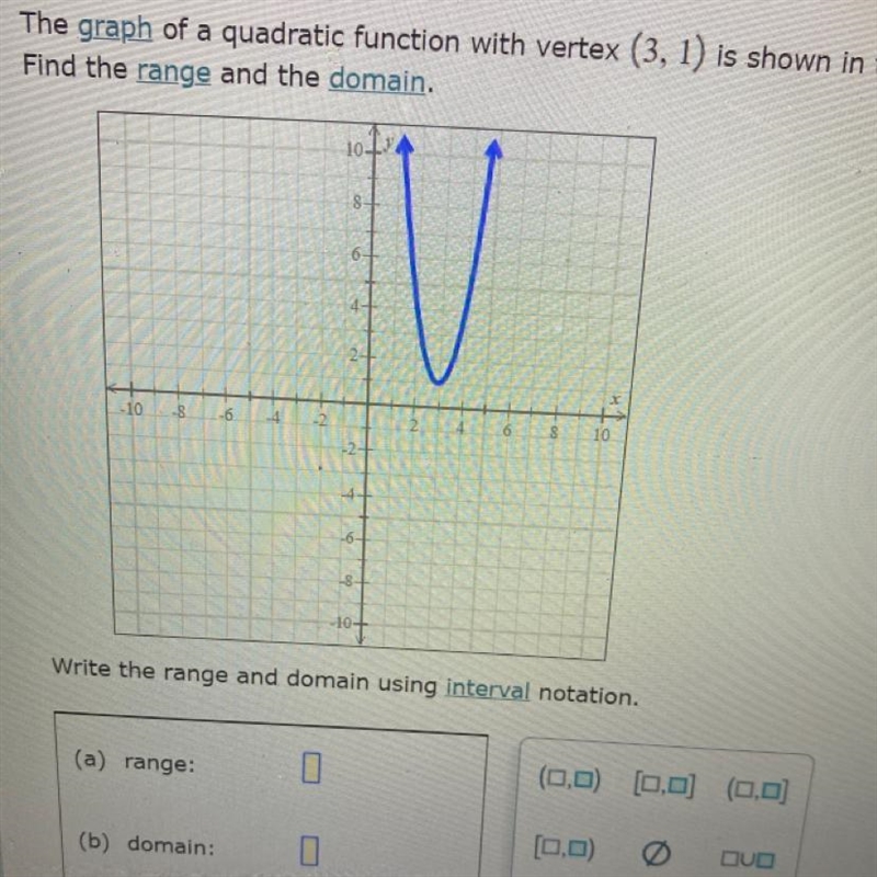 The graph of a quadratic function with vertex (3,1) is shown in the figure below.Find-example-1