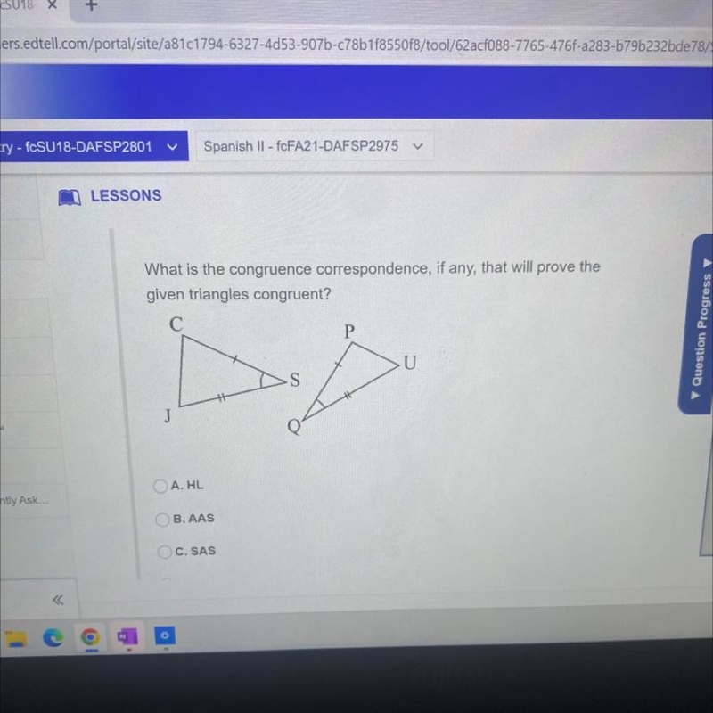 What is the congruence correspondence, if any, that will prove the given triangles-example-1