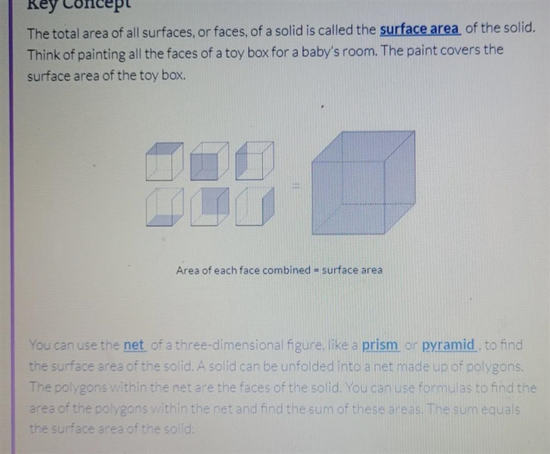 Keywords Key Concept The total area of all surfaces, or faces, of a solid is called-example-1