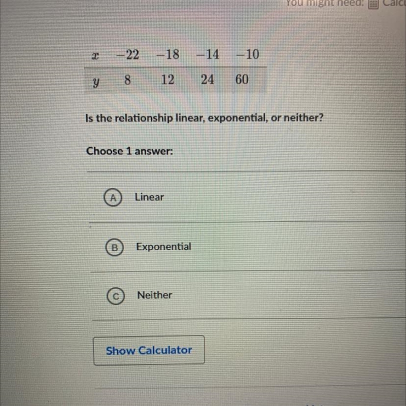 Help is the relationship linear, exponential, or neither?-example-1