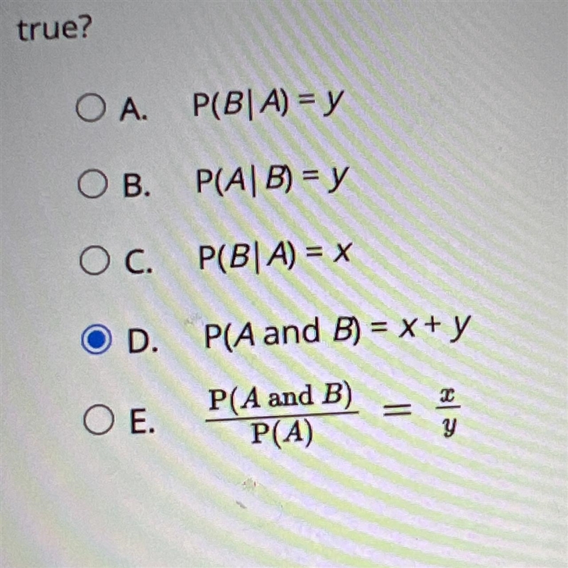 Select the correct answer.The probability of event A is x, and the probability of-example-1