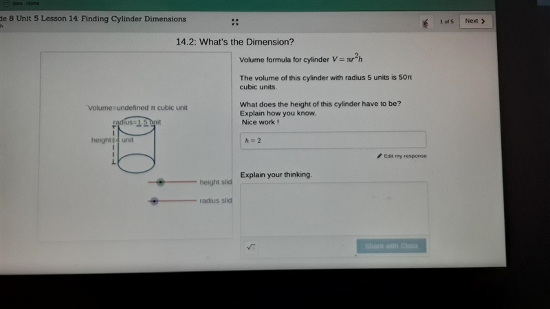 24 Finding Cylinder Dimensions < Next > 14.2: What's the Dimension? Volume formula-example-1