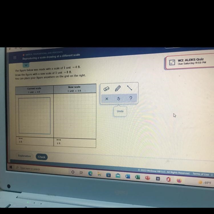 The figure below was made with a scale of 1 unit=4ft. Draw the figure with new scale-example-1