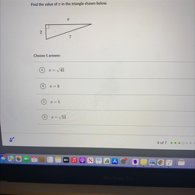 Find the value of x in the triangle shown below.227ASCAssChoose 1 answer:MY= 45Col-example-1