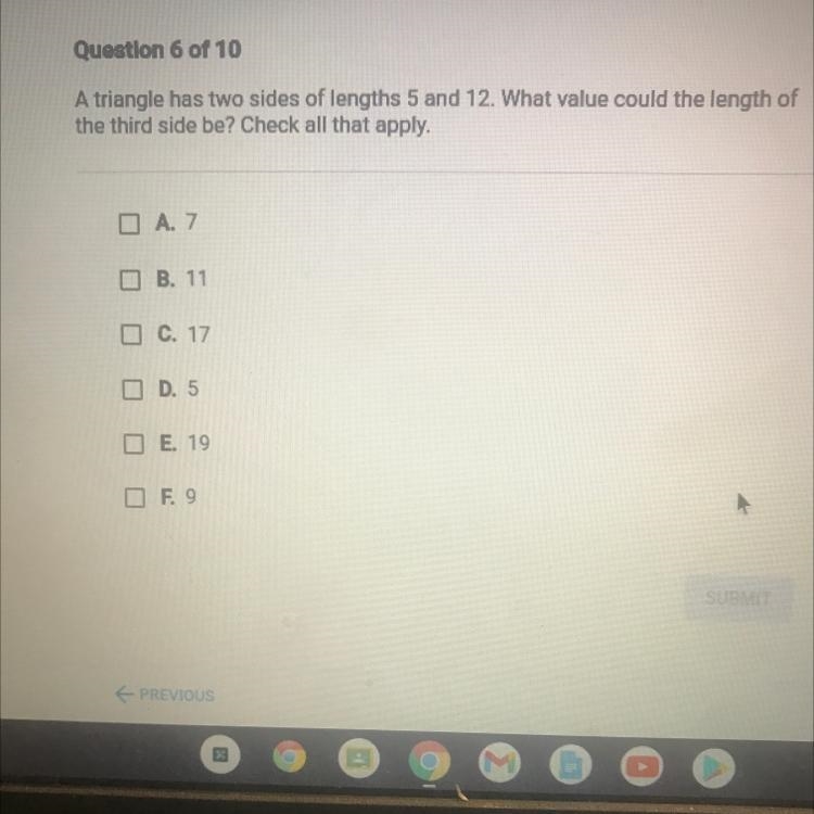 A triangle has two sides of lengths 5 and 12. What value could the length ofthe third-example-1