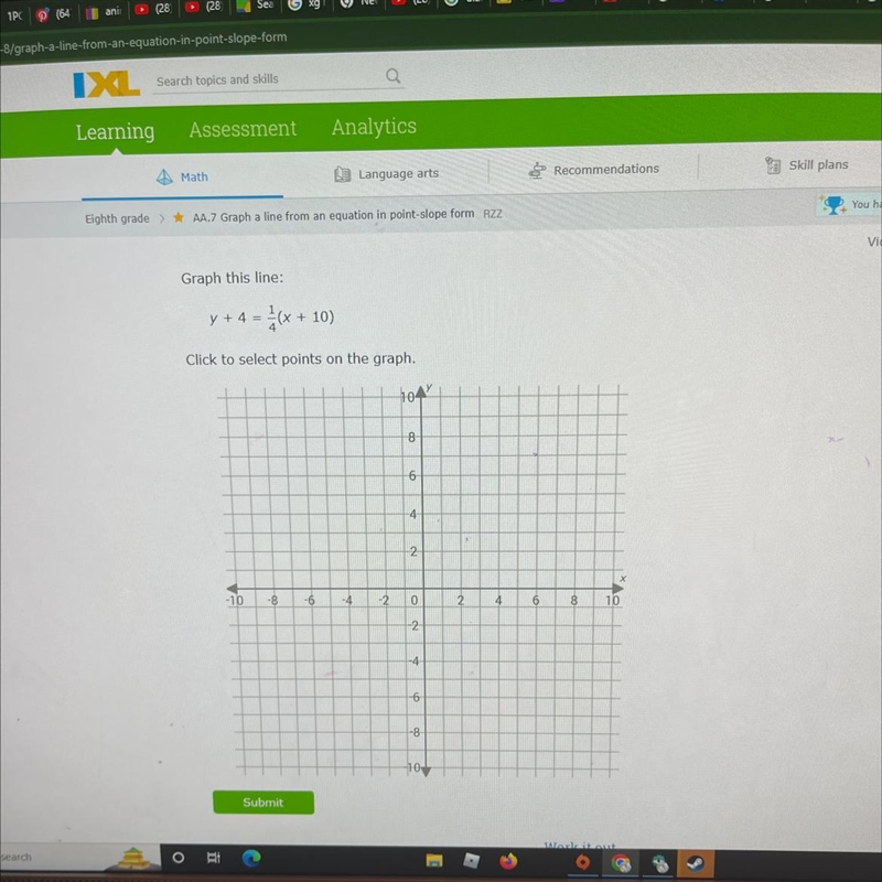 Graph this line y+4=1/4(x+10)-example-1