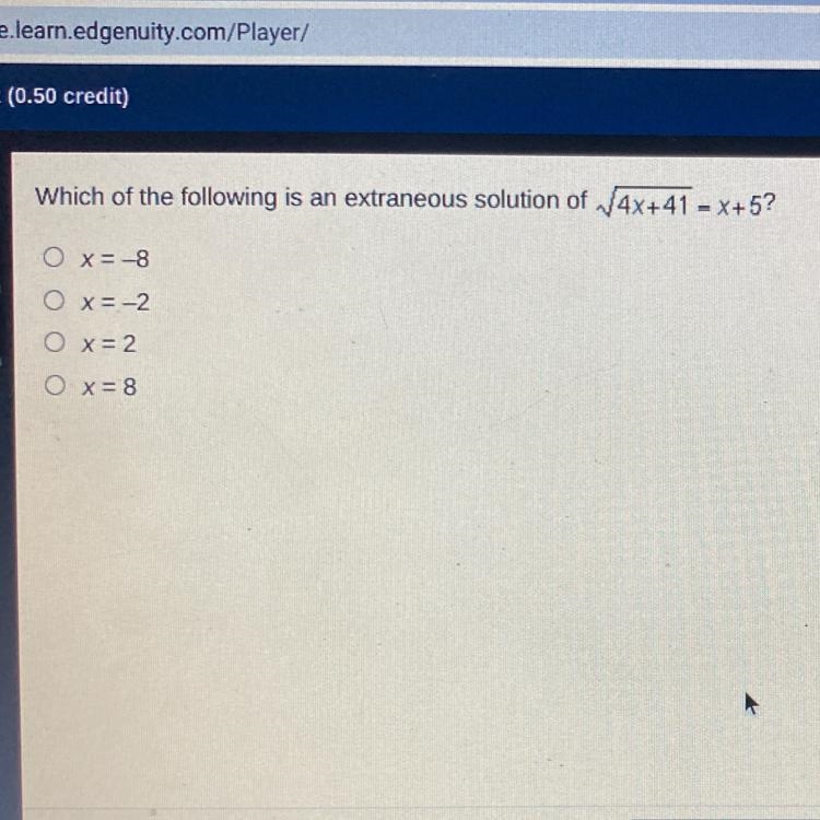 Which of the following is an extraneous solution of 4x+41 - X+5?O x= -8O x = -2O x-example-1