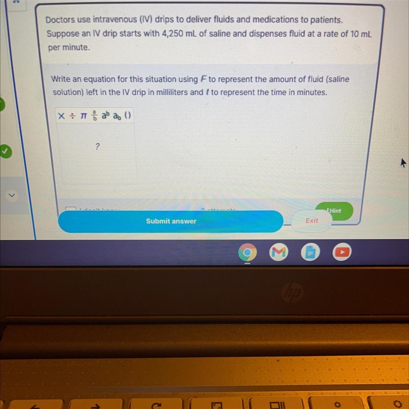 Write an equation for the situation using F to represent the amount of fluid (saline-example-1